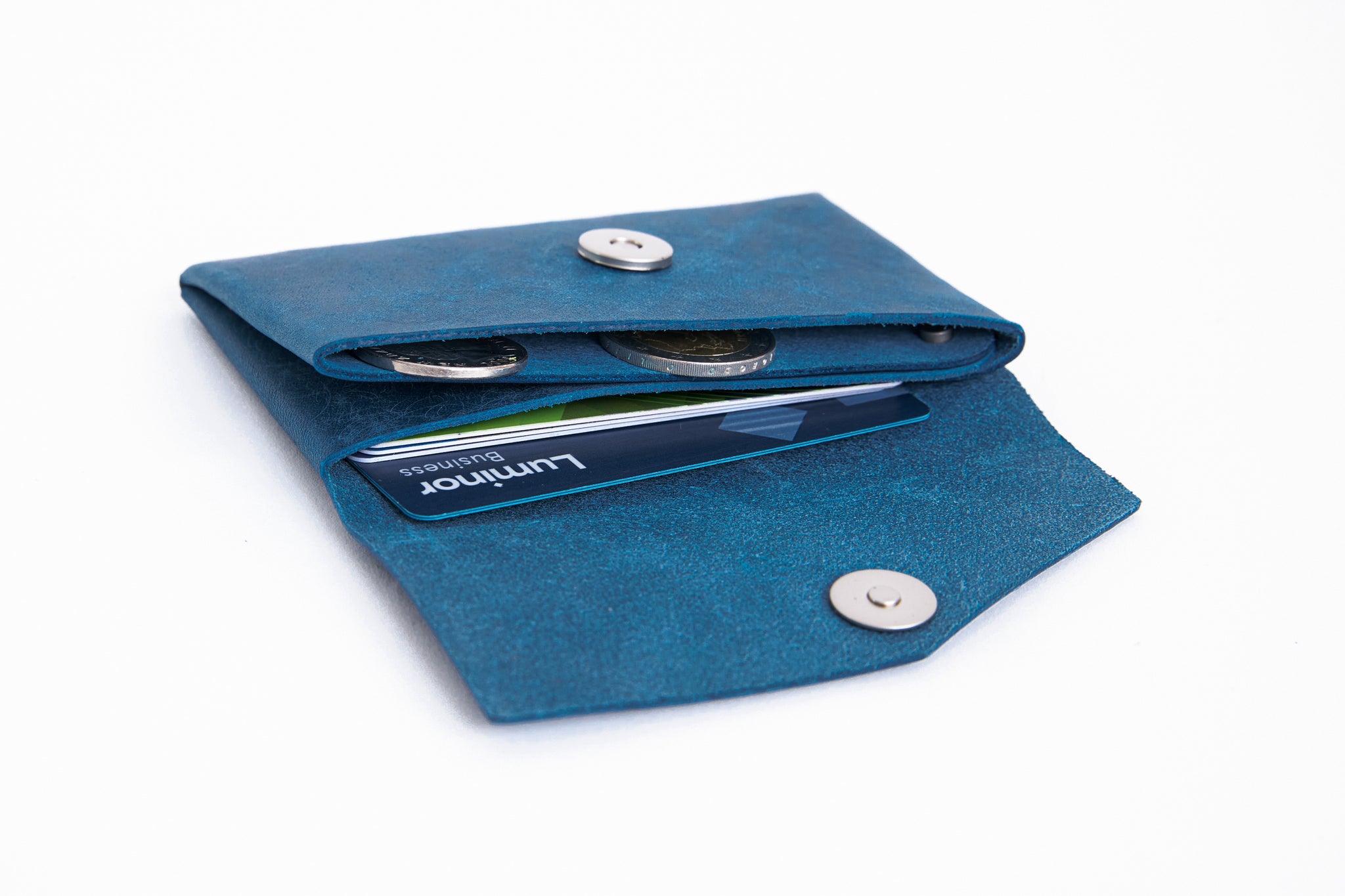 Small real leather wallet with magnetic closure Blue leather