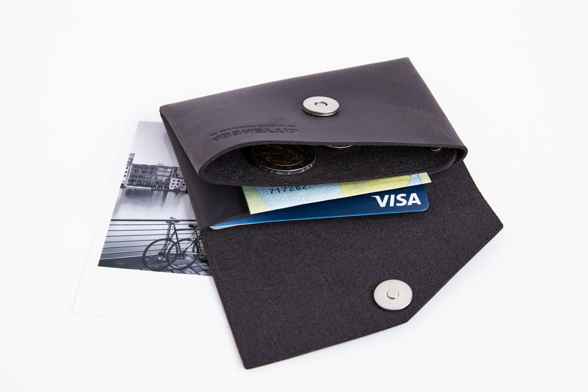 Pocket leather wallet small and functional in grey leather