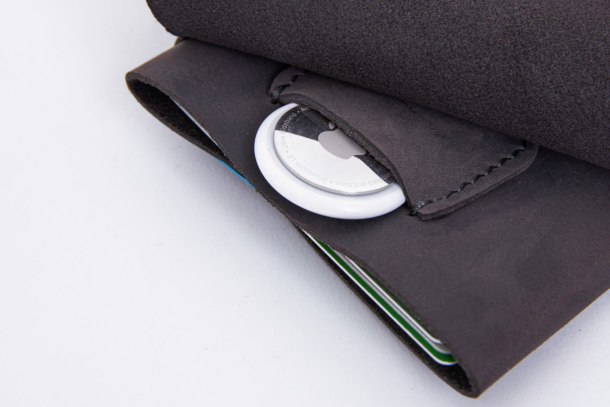 Grey leather small card wallet with AirTag holder