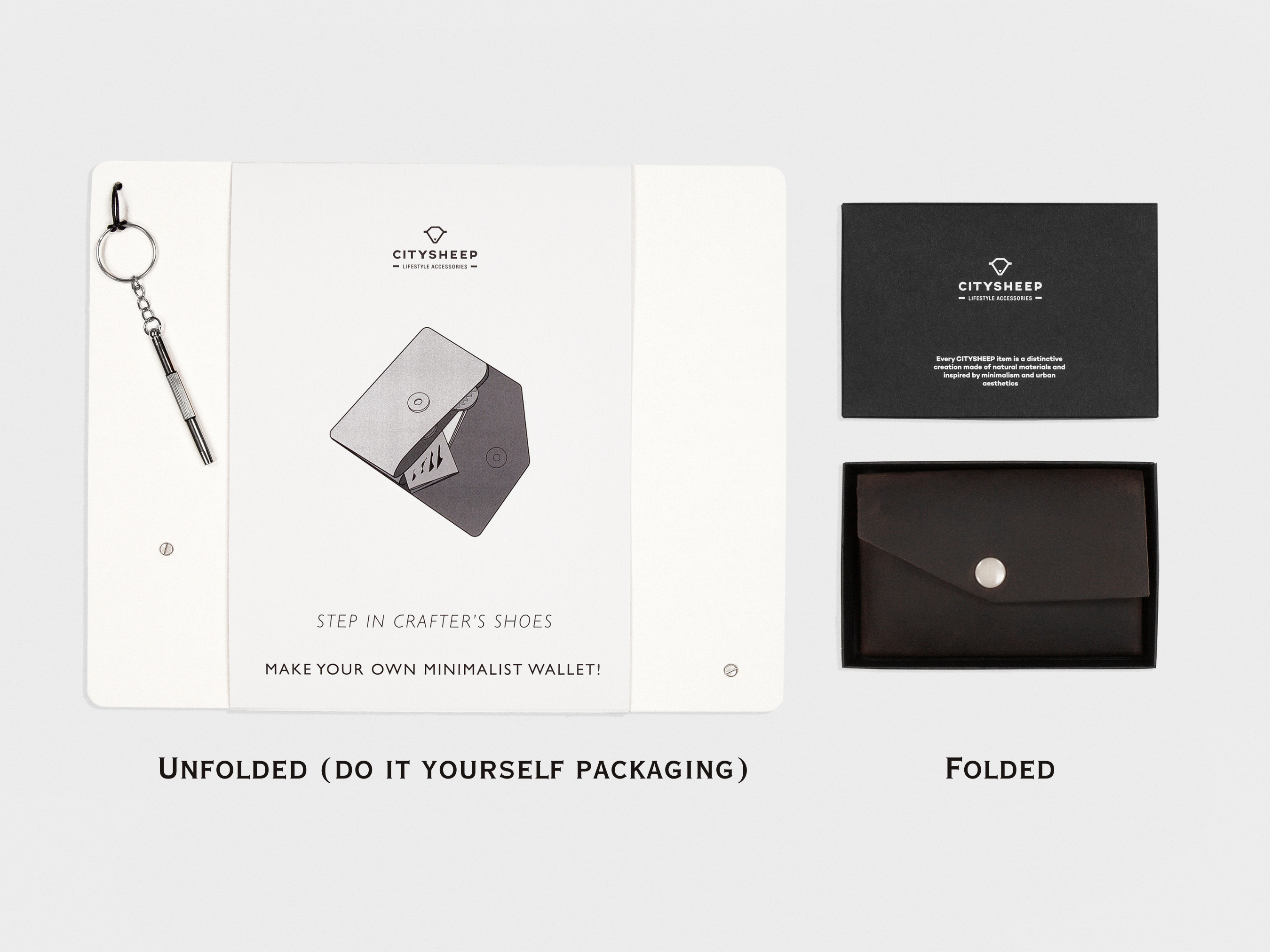 Brown leather small minimalist wallet for cards, coins, folded bills. Fold yourself packaging.