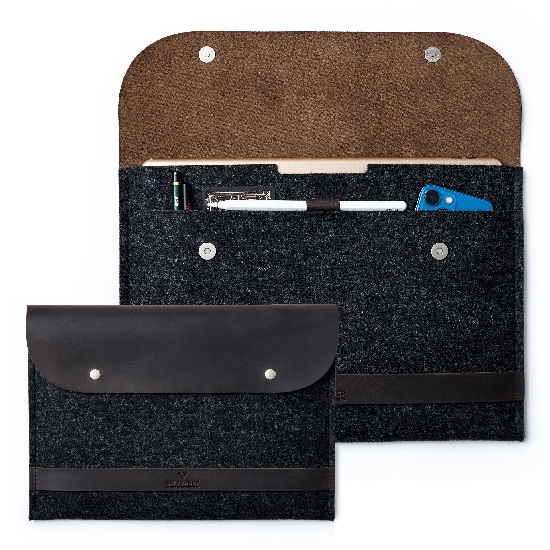 Luxury leather and wool felt iPad case folio with Apple pencil holder, magnetic closure.