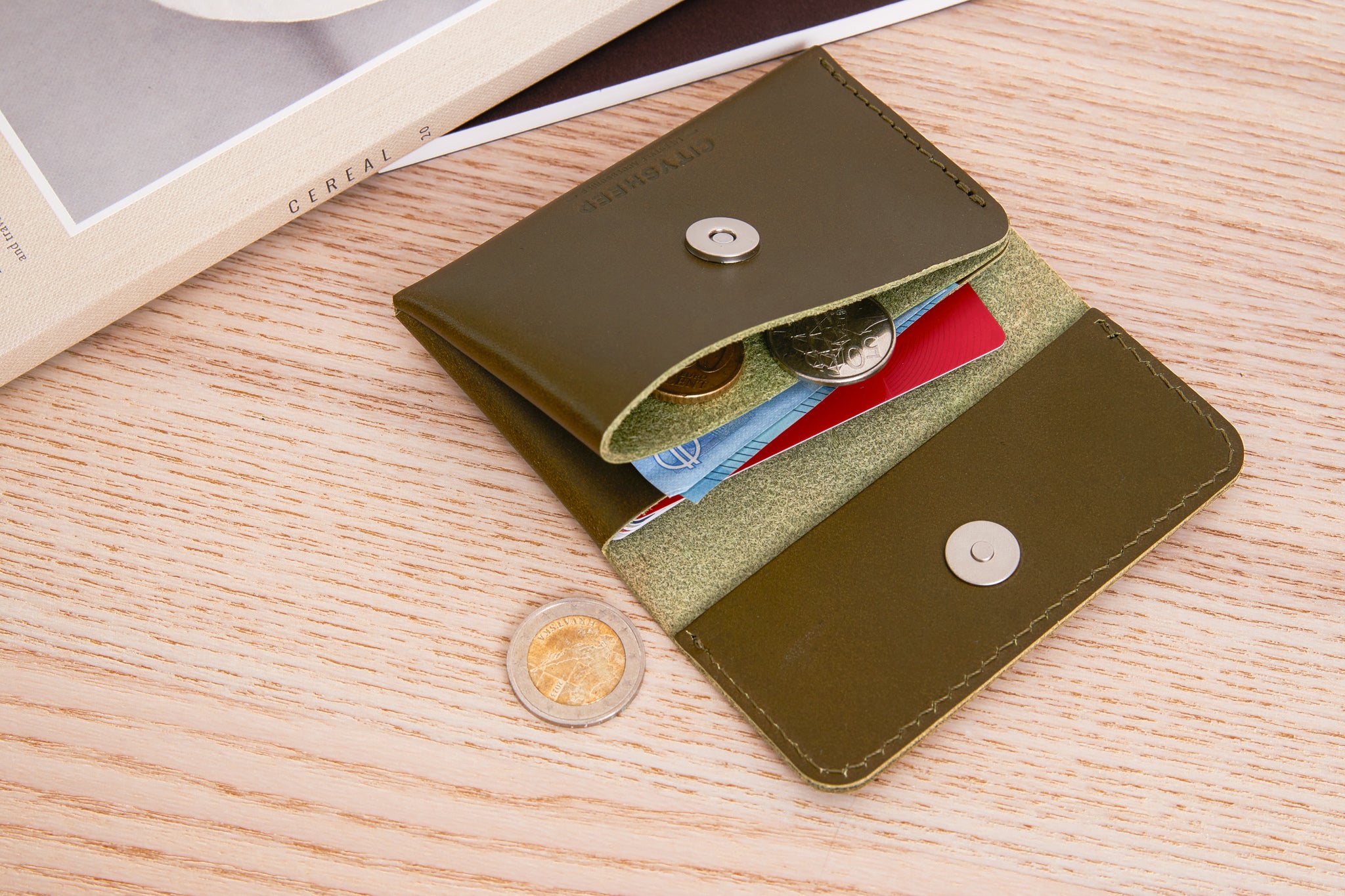 Small Green Leather wallet for cards, coins and few bills