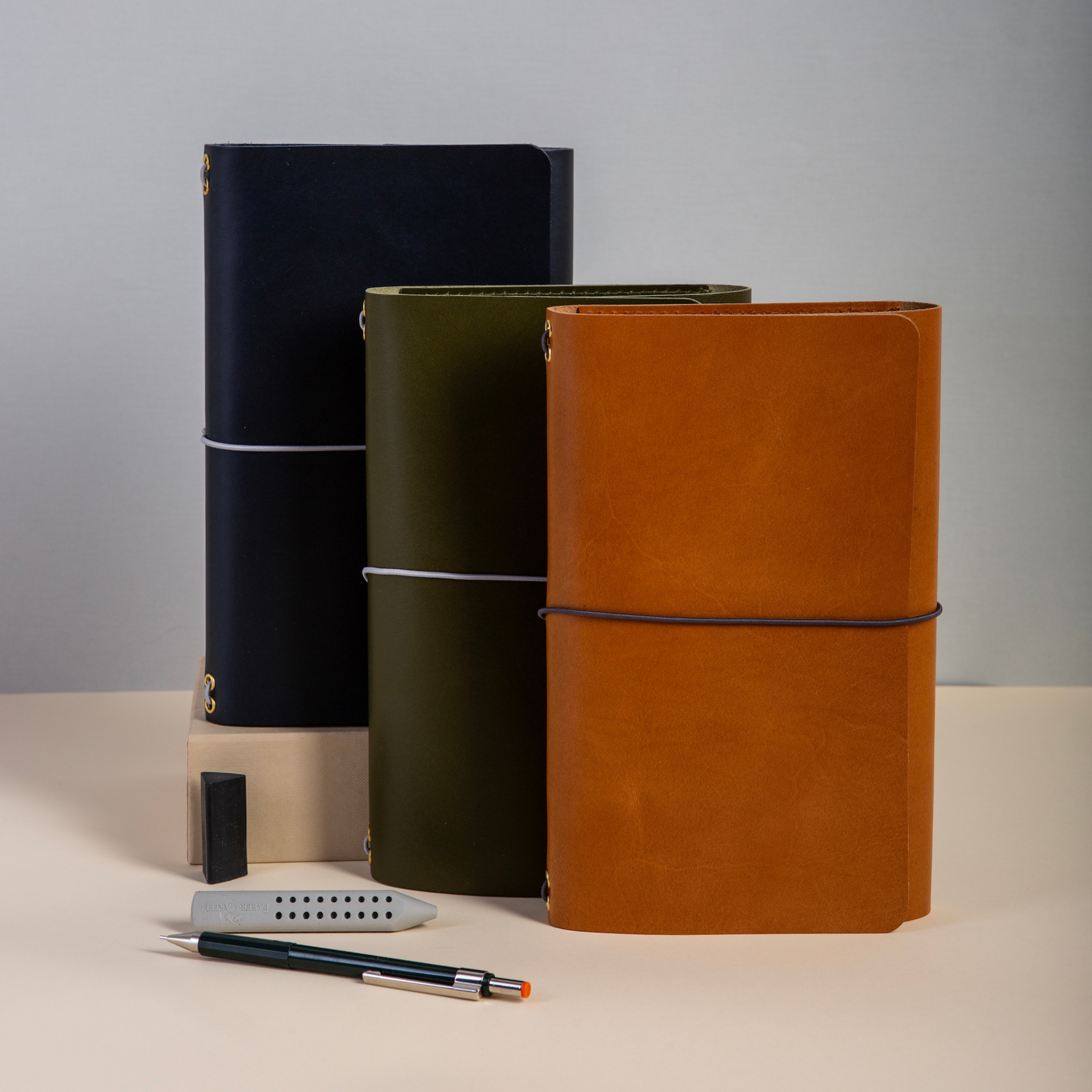 Trifold leather journal with elastic band