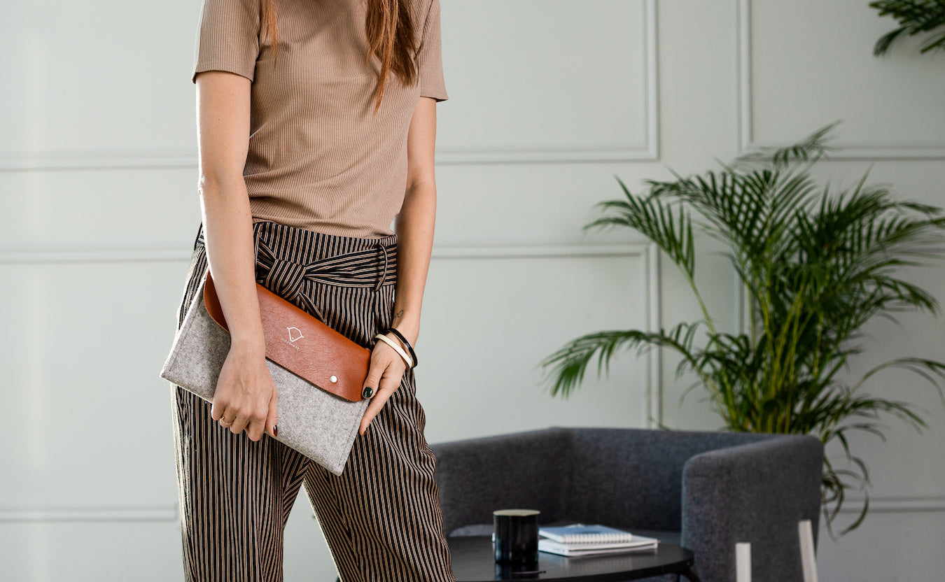 iPad leather and wool felt envelope case for men and women. Premium quality natural materials.