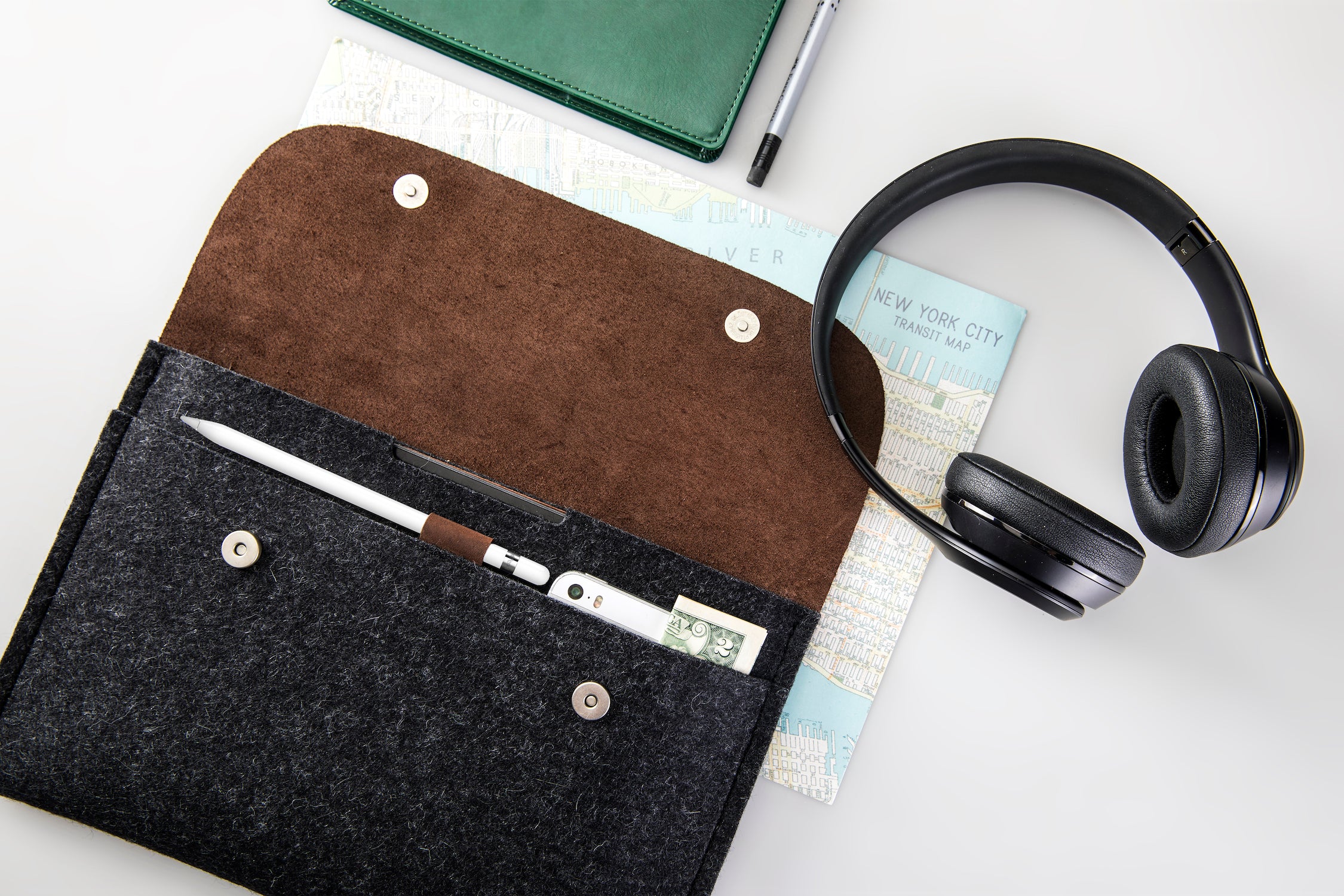 Handmade dark brown crazy horse leather iPad case with loop for Apple pencil holder.