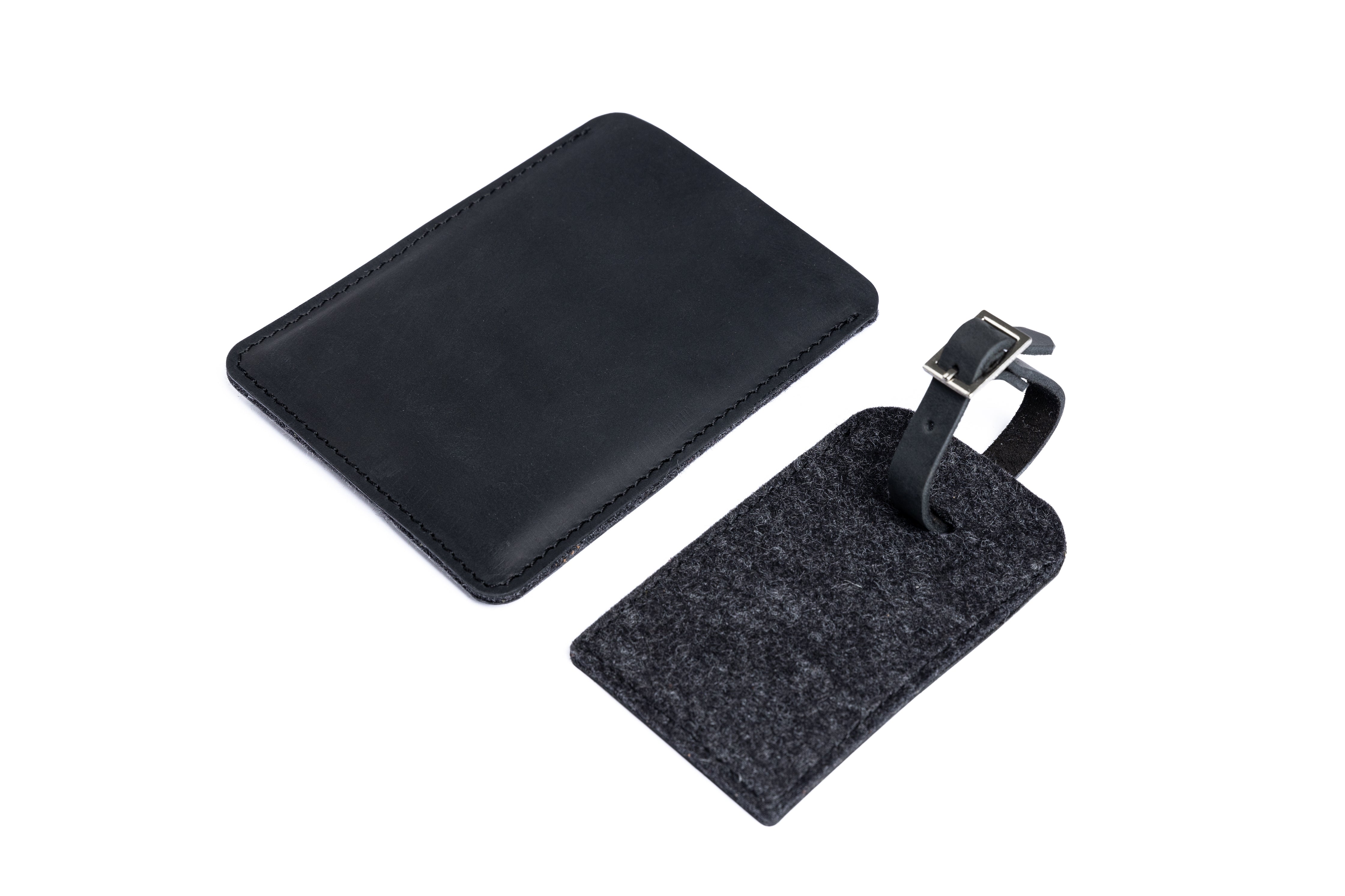 Slim black leather passport case and luggage tag Handcrafted. Perfect traveler gift.